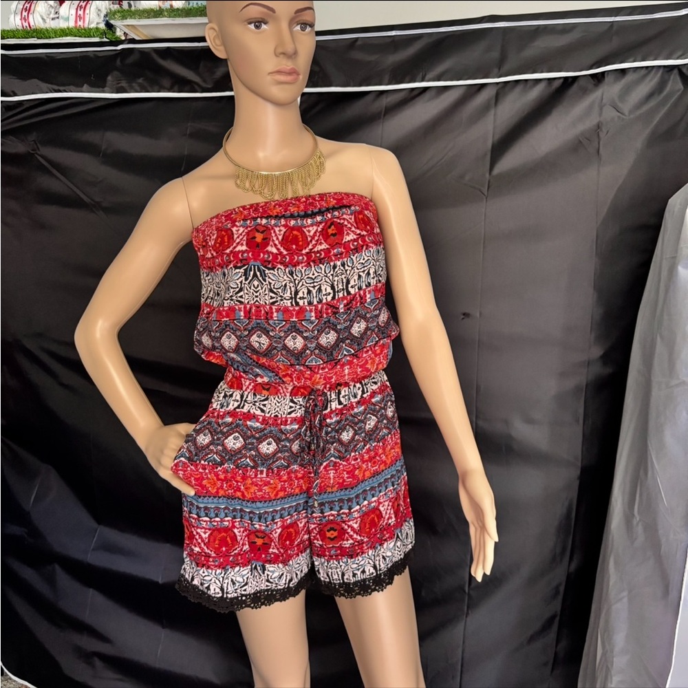 Angie Red and Black Tribal Print Strapless Jumpsuit With Side Pockets